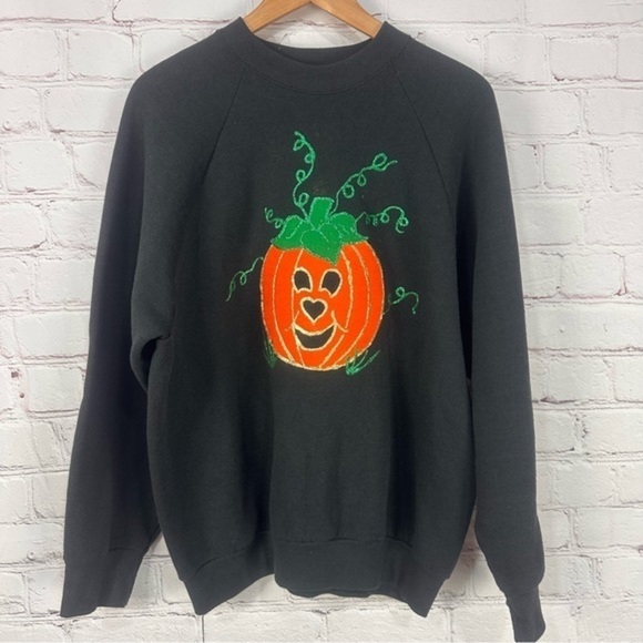 Vintage Sweaters - Fruit of the Loom vintage pumpkin puff paint handmade sweatshirt sweater XL